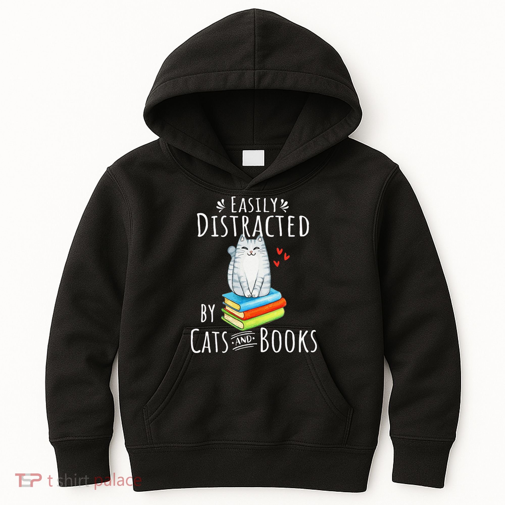 Easily Distracted By Cats And Books Funny Cat & Book Lover Kids Hoodie