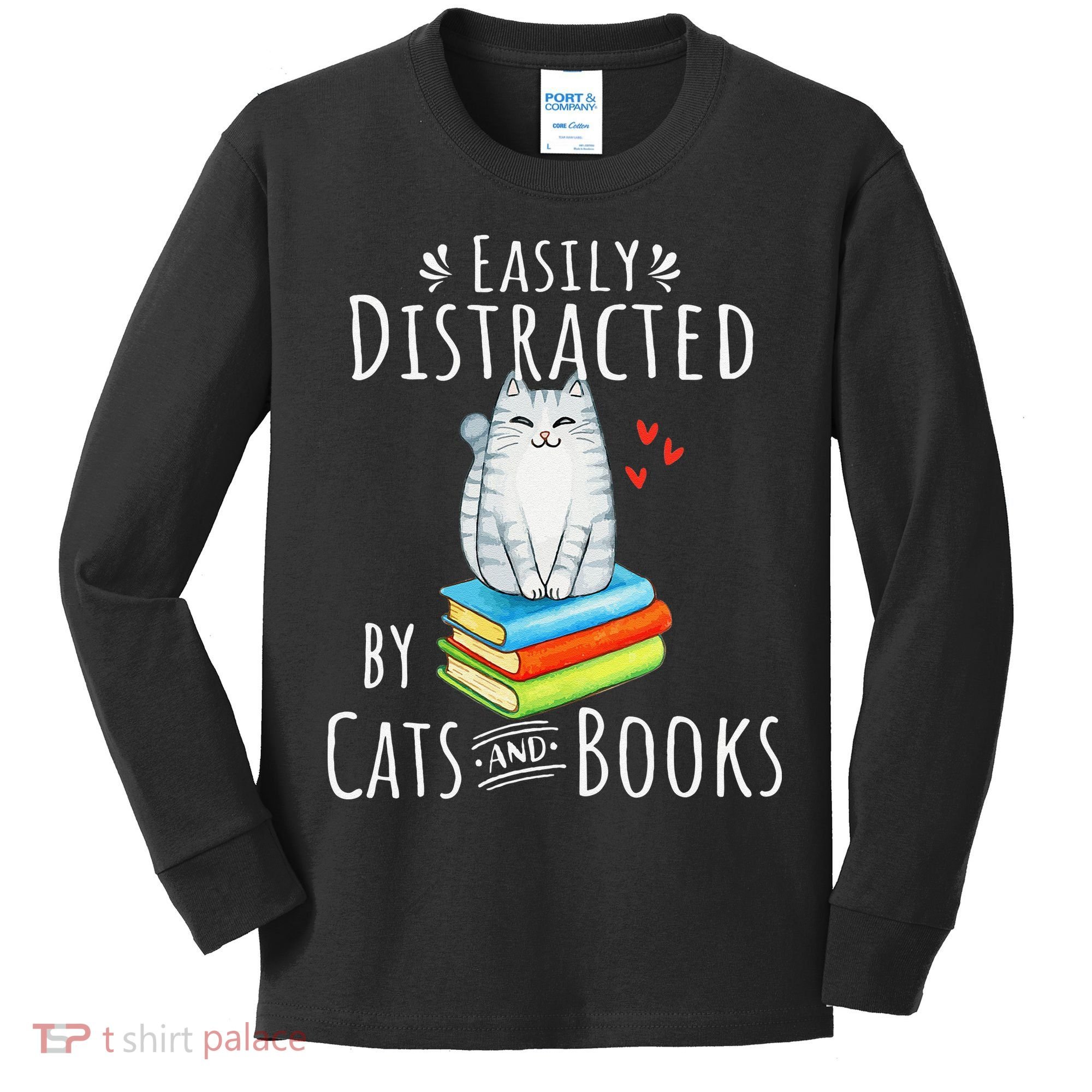 Easily Distracted By Cats And Books Funny Cat & Book Lover Kids Long Sleeve Shirt