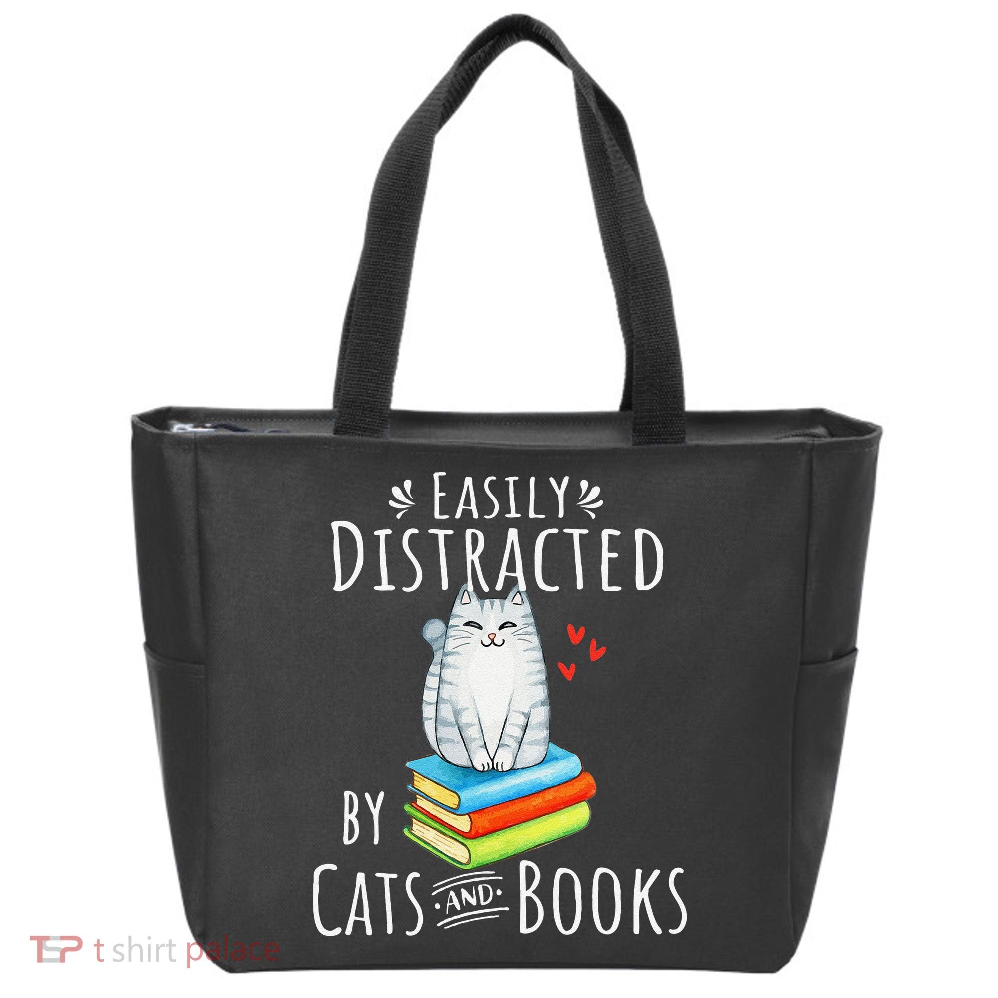 Easily Distracted By Cats And Books Funny Cat & Book Lover Tote Bag