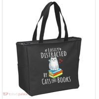 Easily Distracted By Cats And Books Funny Cat & Book Lover Tote Bag thumb 2
