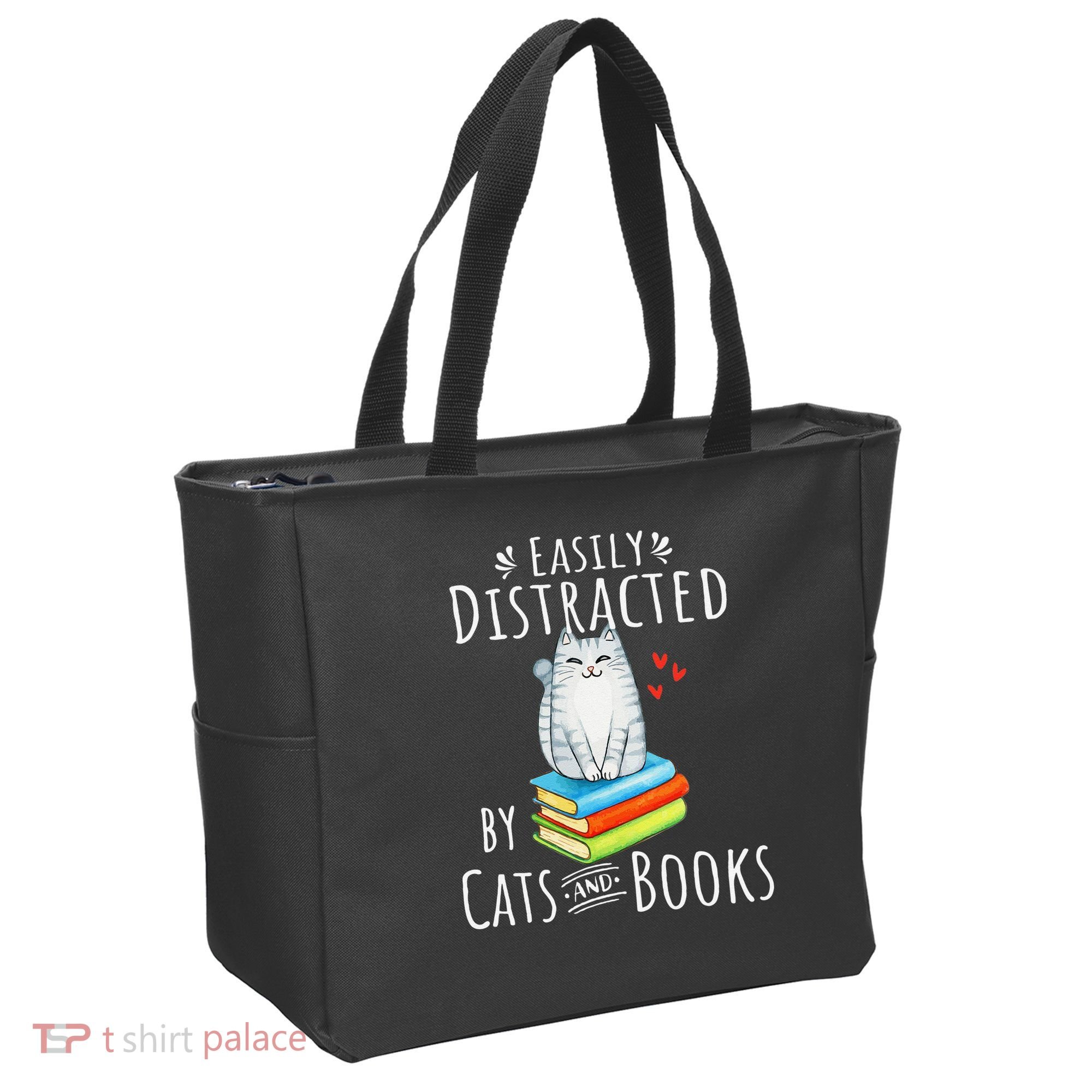 Easily Distracted By Cats And Books Funny Cat & Book Lover Tote Bag