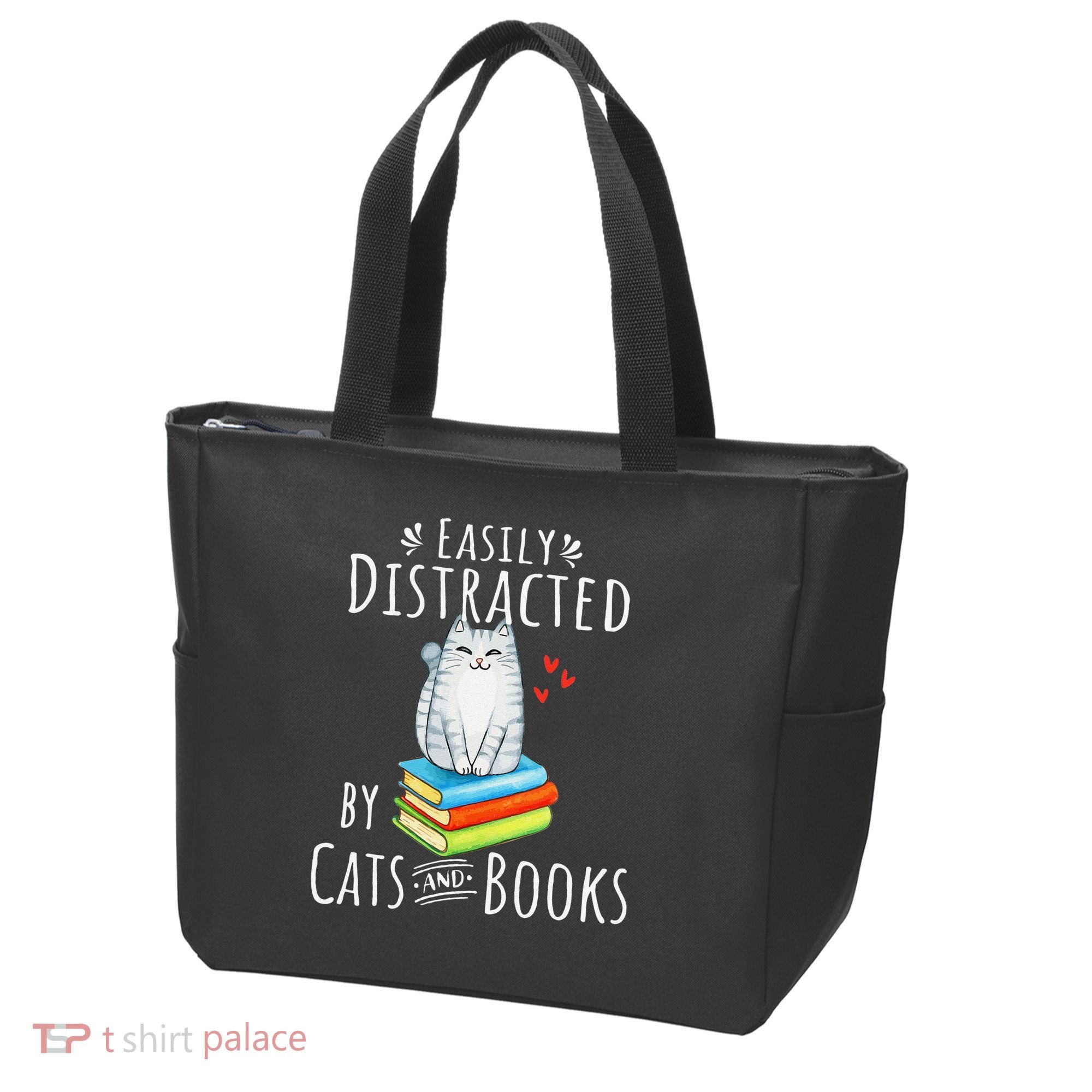Easily Distracted By Cats And Books Funny Cat & Book Lover Tote Bag