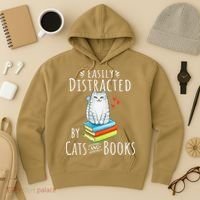 Easily Distracted By Cats And Books Funny Cat & Book Lover Hoodie thumb 3