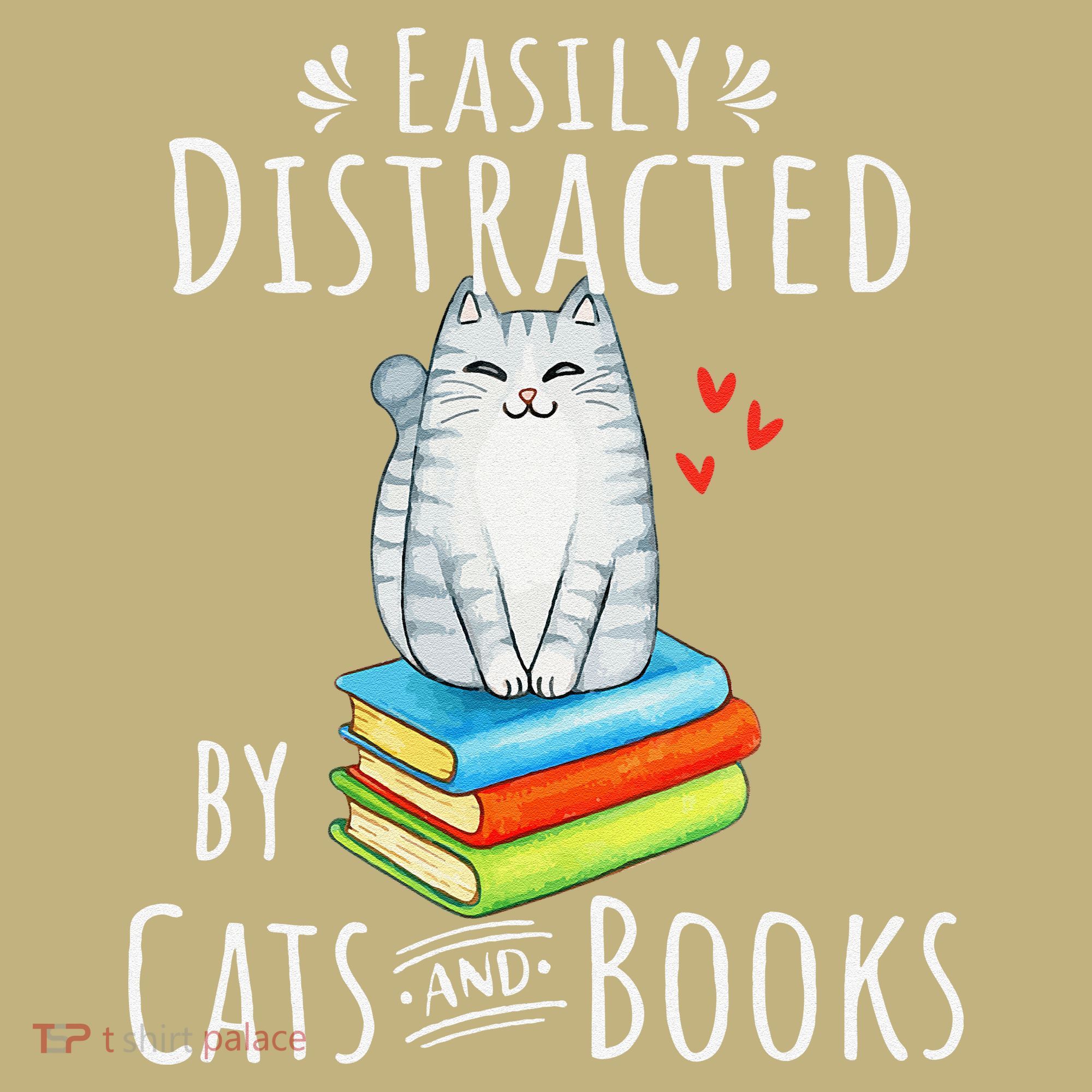 Easily Distracted By Cats And Books Funny Cat & Book Lover Long Sleeve Shirt