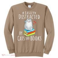 Easily Distracted By Cats And Books Funny Cat & Book Lover Sweatshirt thumb 0