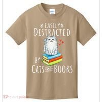 Easily Distracted By Cats And Books Funny Cat & Book Lover Kids T-Shirt thumb 0