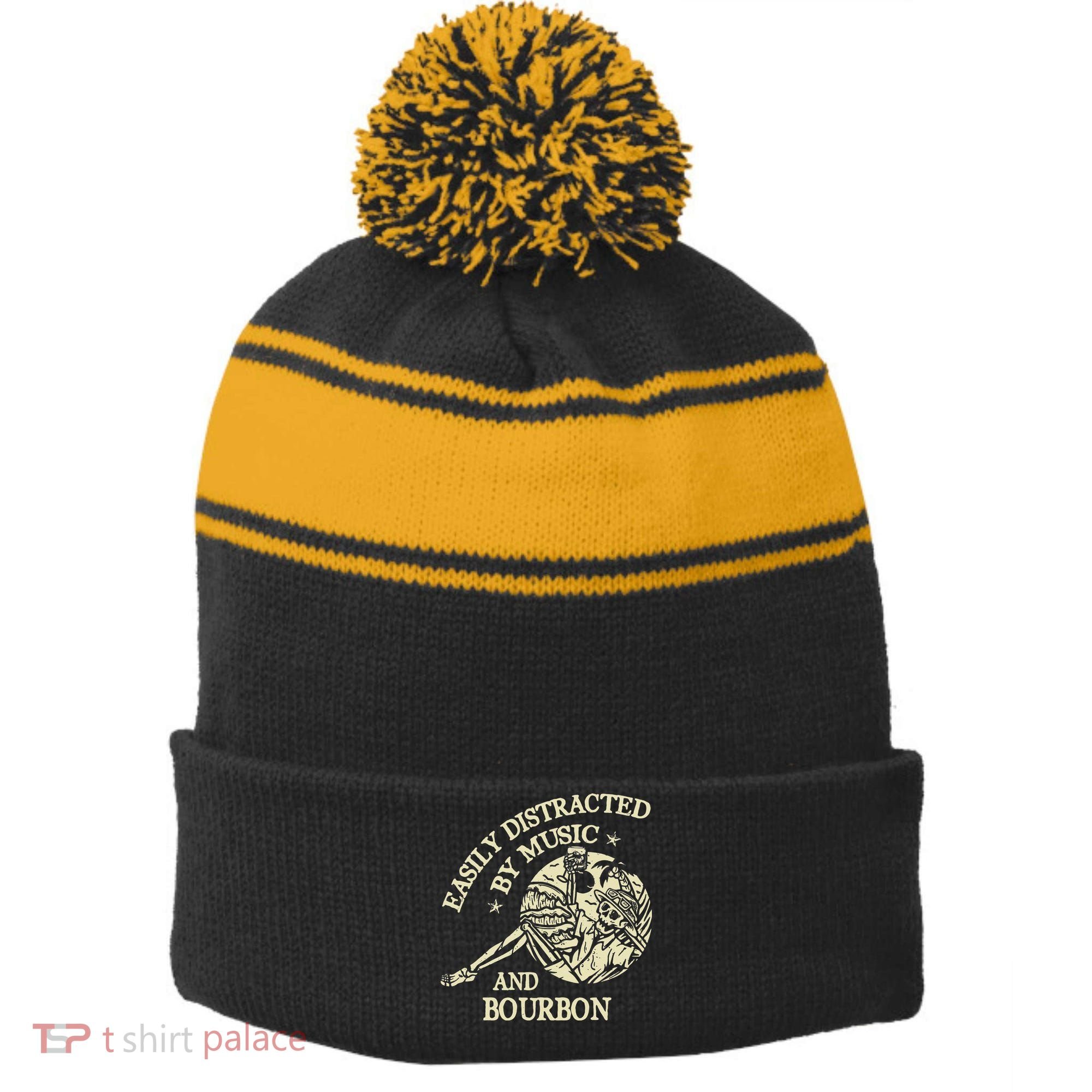 Easily Distracted By Music And Bourbon Skeleton Stripe Pom Pom Beanie