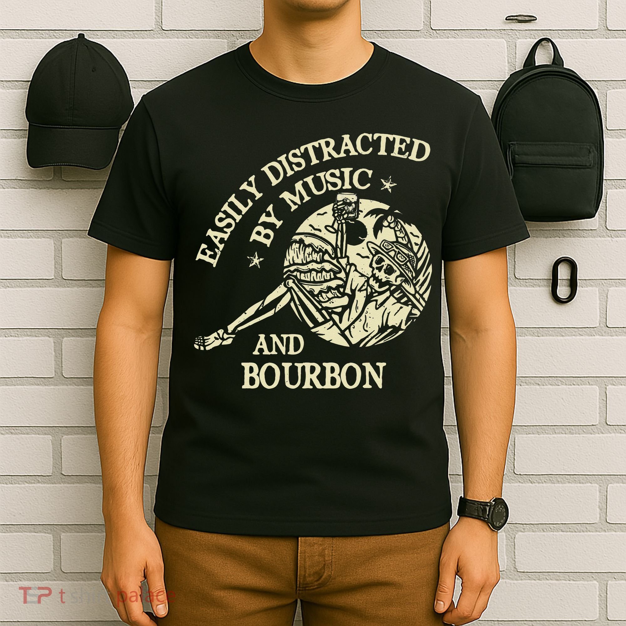 Easily Distracted By Music And Bourbon Skeleton T-Shirt