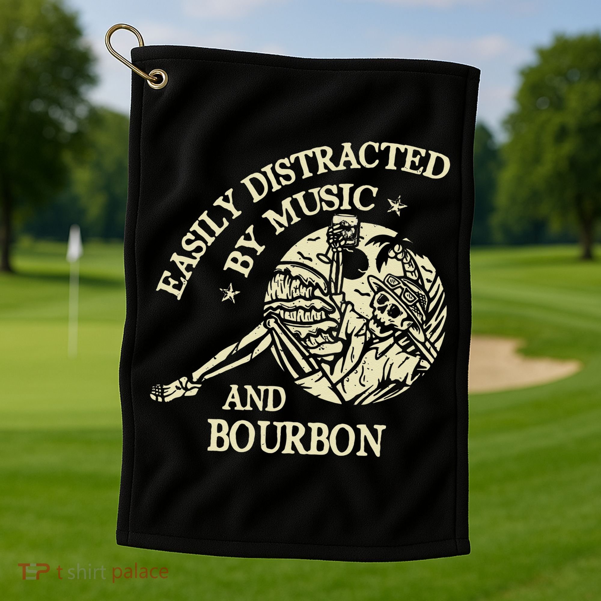 Easily Distracted By Music And Bourbon Skeleton Golf Towel