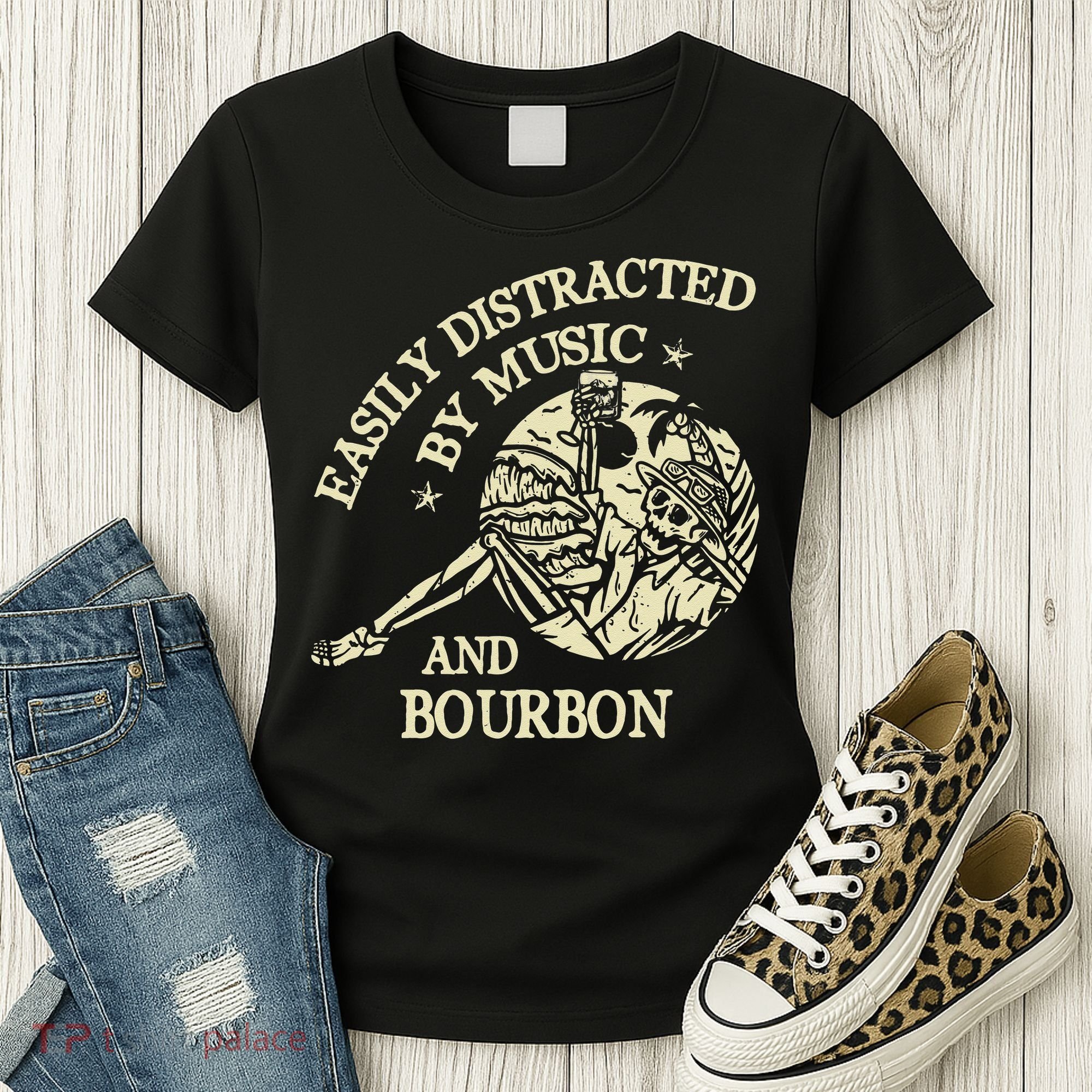 Easily Distracted By Music And Bourbon Skeleton Women's T-Shirt