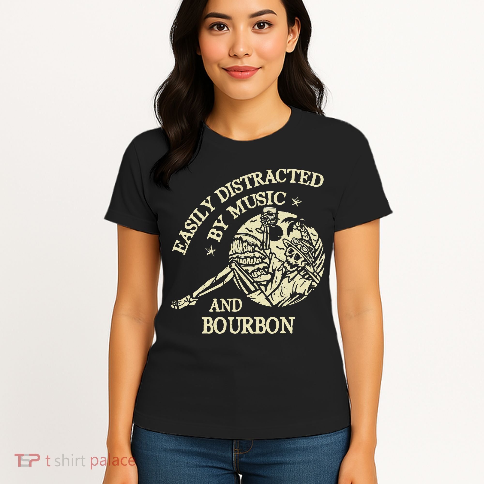 Easily Distracted By Music And Bourbon Skeleton Women's T-Shirt