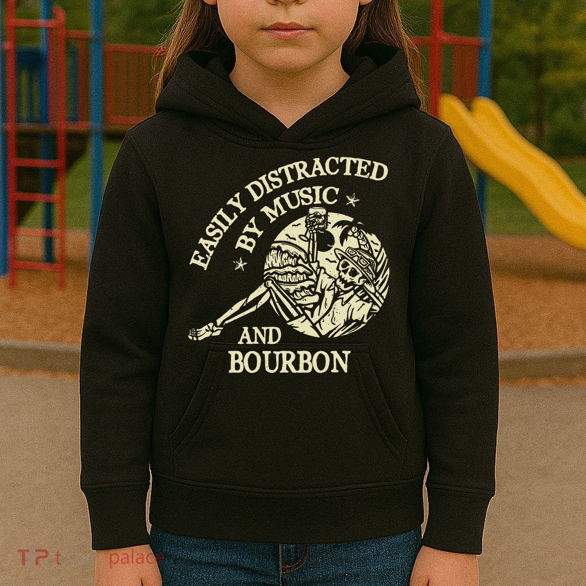 Easily Distracted By Music And Bourbon Skeleton Kids Hoodie