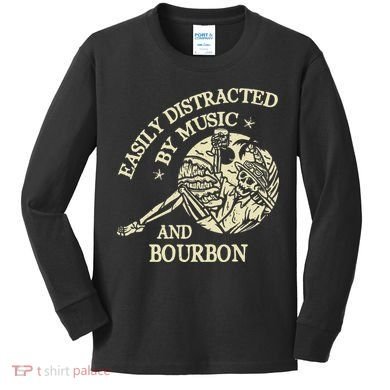 Easily Distracted By Music And Bourbon Skeleton Kids Long Sleeve Shirt