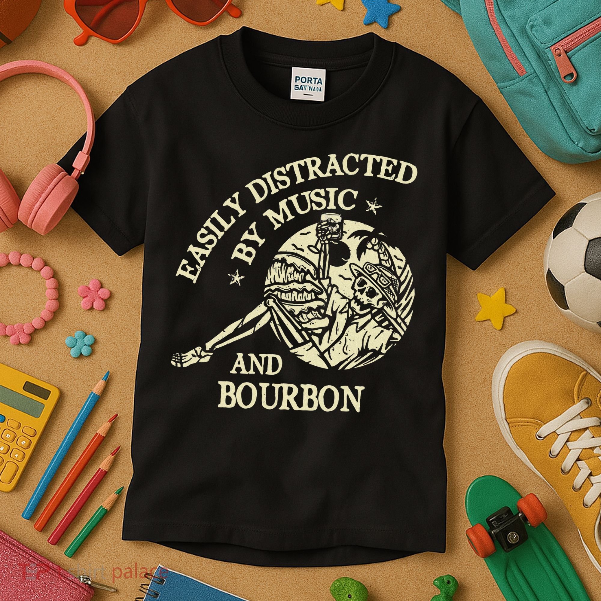 Easily Distracted By Music And Bourbon Skeleton Kids T-Shirt