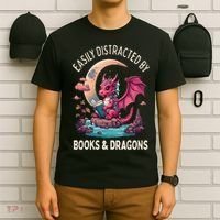 Easily distracted by books and dragons kawaii dragon reader T-Shirt thumb 6