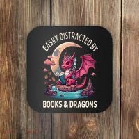 Easily distracted by books and dragons kawaii dragon reader Coaster thumb 0