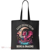 Easily distracted by books and dragons kawaii dragon reader Tote Bag thumb 0