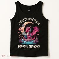 Easily distracted by books and dragons kawaii dragon reader Tank Top thumb 2