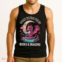 Easily distracted by books and dragons kawaii dragon reader Tank Top thumb 3