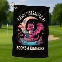 Easily distracted by books and dragons kawaii dragon reader Golf Towel thumb 1