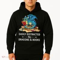 Easily Distracted By Dragons And Books Nerd Dragon Hoodie thumb 2