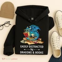 Easily Distracted By Dragons And Books Nerd Dragon Hoodie thumb 4