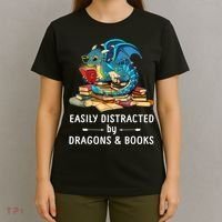 Easily Distracted By Dragons And Books Nerd Dragon T-Shirt thumb 4