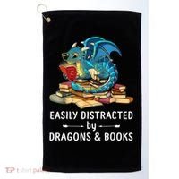 Easily Distracted By Dragons And Books Nerd Dragon Golf Towel thumb 0