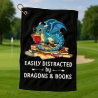Easily Distracted By Dragons And Books Nerd Dragon Golf Towel thumb 1