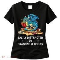 Easily Distracted By Dragons And Books Nerd Dragon Women's T-Shirt thumb 0