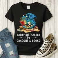 Easily Distracted By Dragons And Books Nerd Dragon Women's T-Shirt thumb 3