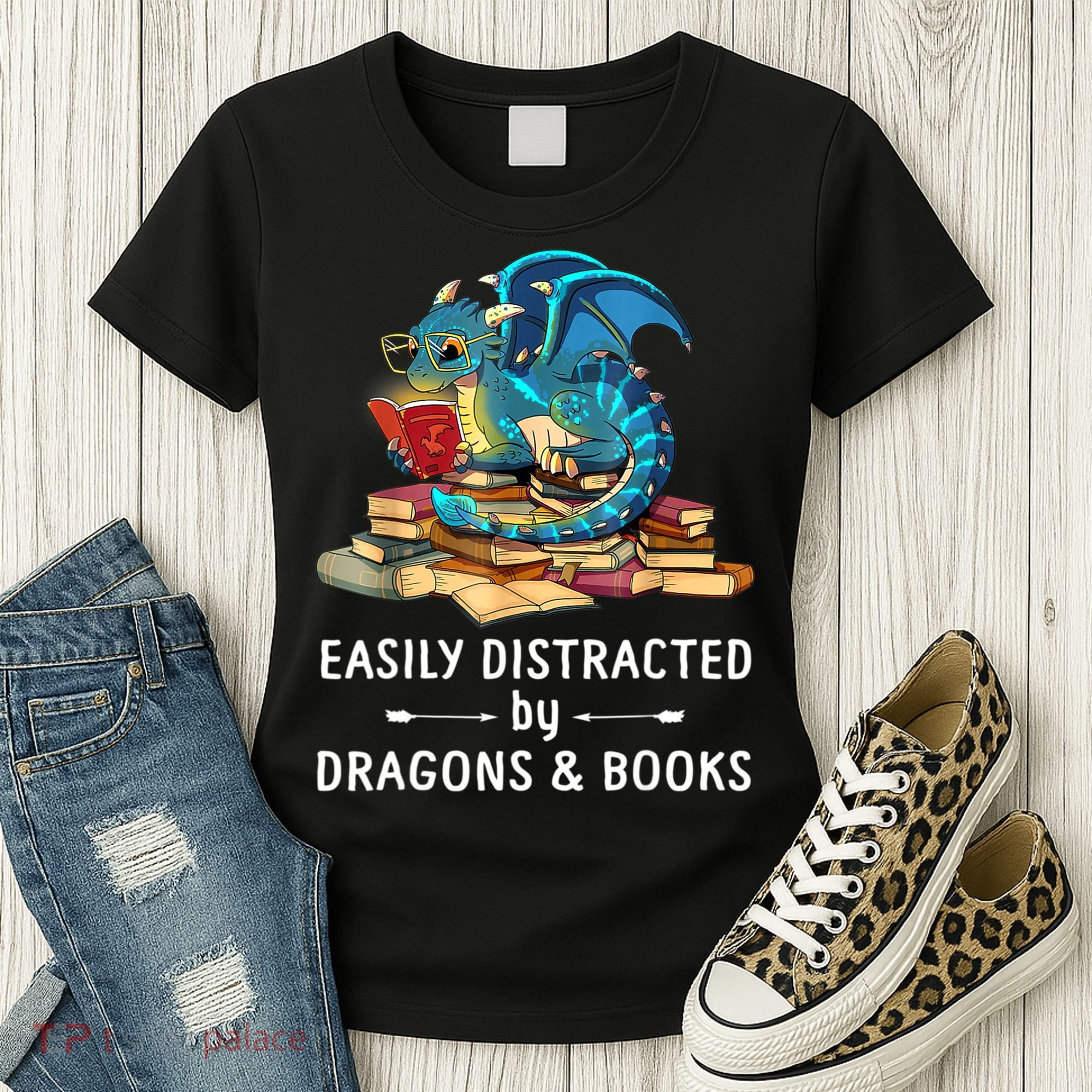 Easily Distracted By Dragons And Books Nerd Dragon Women's T-Shirt