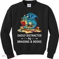 Easily Distracted By Dragons And Books Nerd Dragon Kids Sweatshirt thumb 0