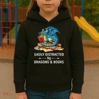 Easily Distracted By Dragons And Books Nerd Dragon Kids Hoodie thumb 3