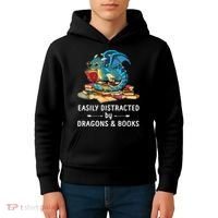 Easily Distracted By Dragons And Books Nerd Dragon Kids Hoodie thumb 4