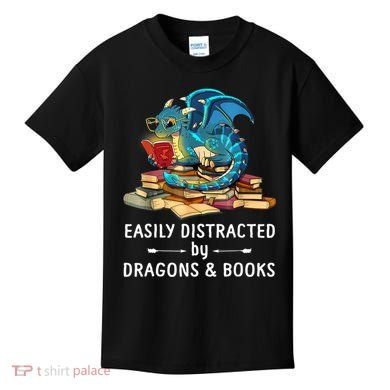 Easily Distracted By Dragons And Books Nerd Dragon Kids T-Shirt