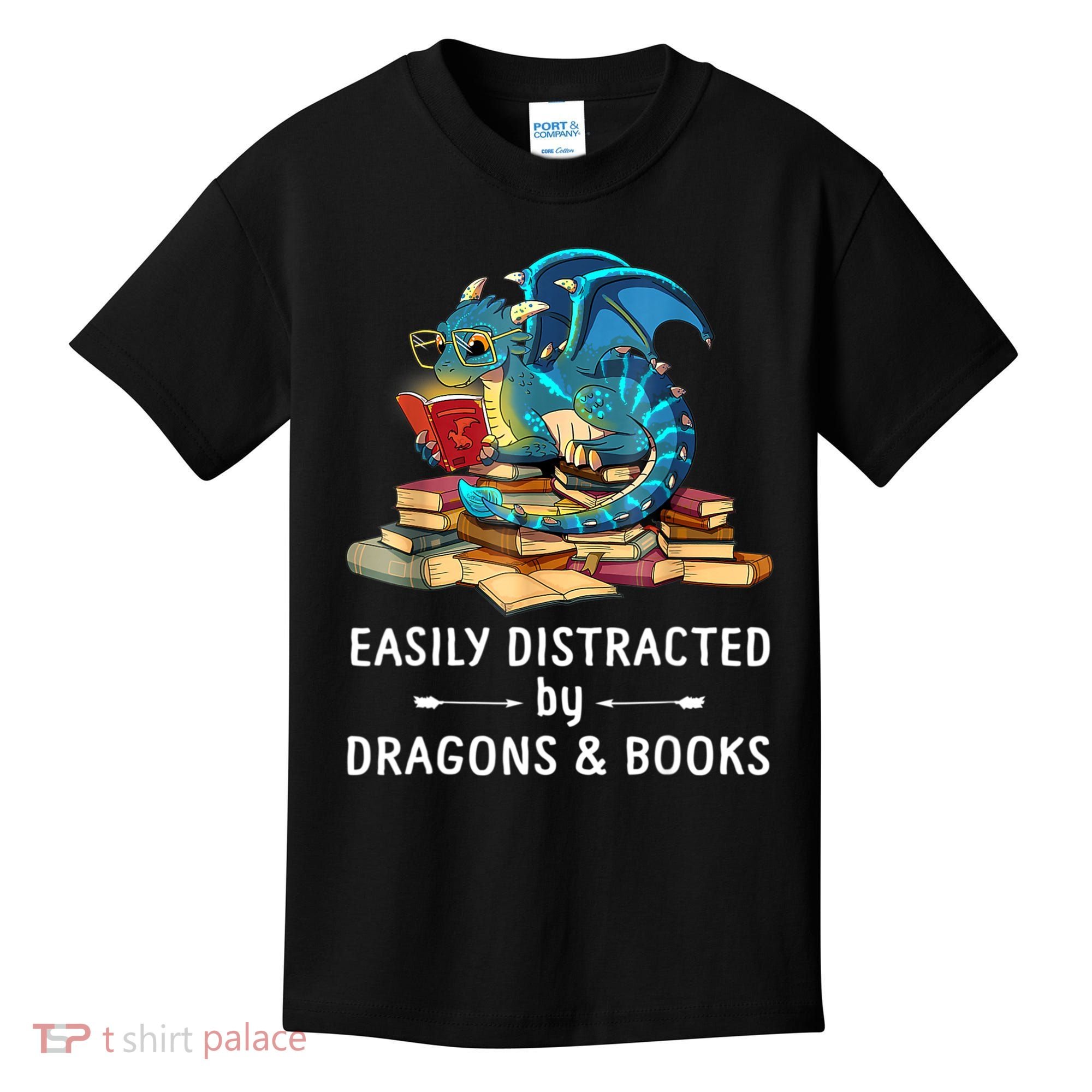 Easily Distracted By Dragons And Books Nerd Dragon Kids T-Shirt