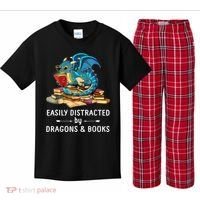 Easily Distracted By Dragons And Books Nerd Dragon Kids Plaid Pajama Set thumb 0