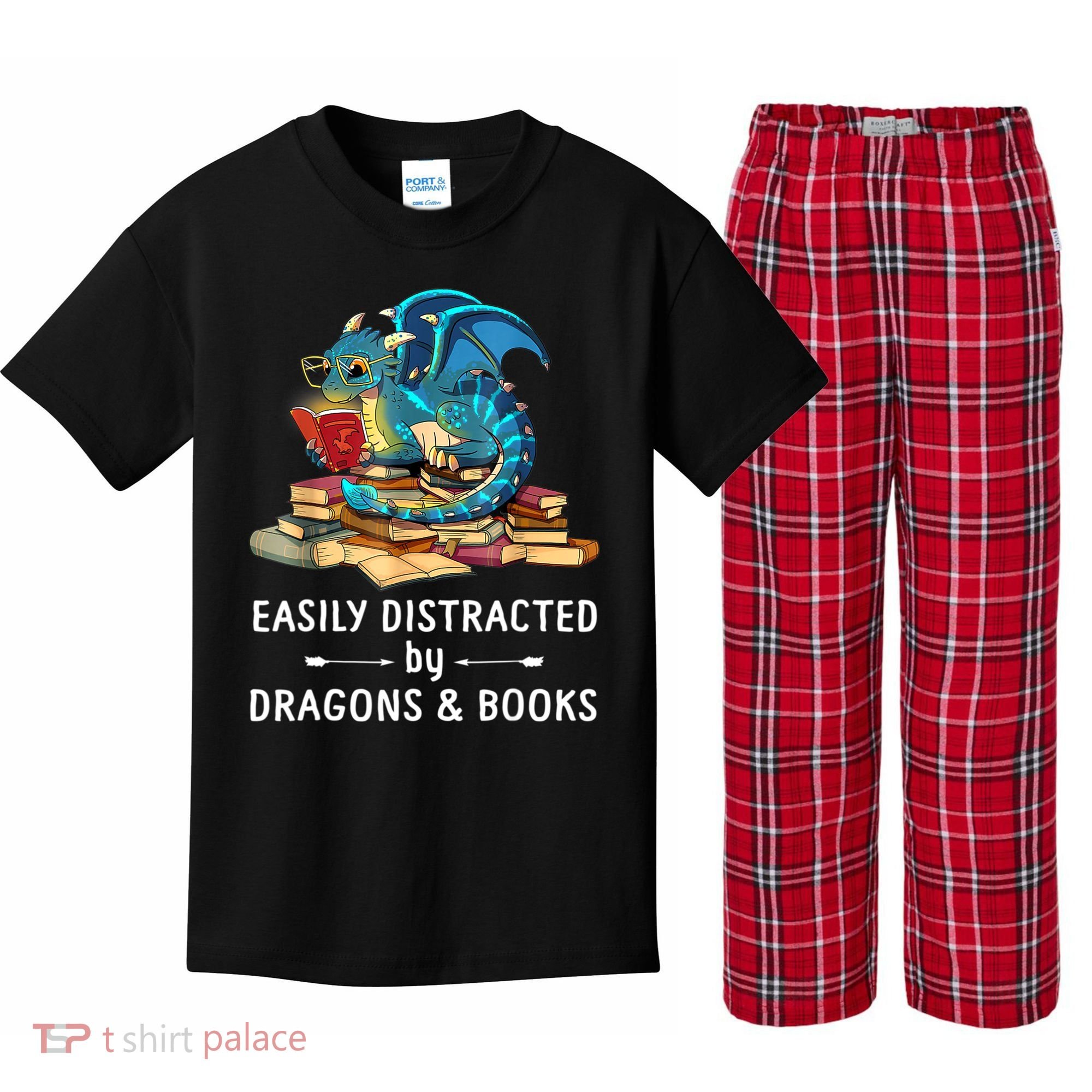 Easily Distracted By Dragons And Books Nerd Dragon Kids Plaid Pajama Set