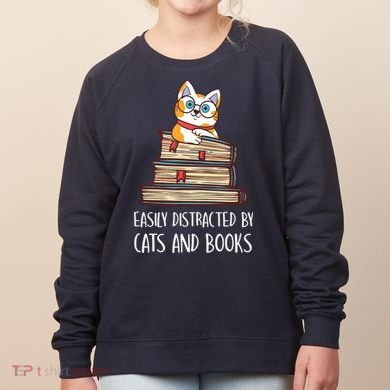 Easily Distracted By Cats And Books Cat & Book Lover Women's Sweatshirt