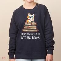 Easily Distracted By Cats And Books Cat & Book Lover Women's Sweatshirt thumb 0
