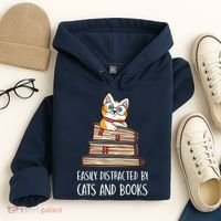 Easily Distracted By Cats And Books Cat & Book Lover Hoodie thumb 4