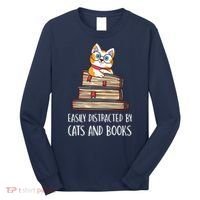 Easily Distracted By Cats And Books Cat & Book Lover Long Sleeve Shirt thumb 0