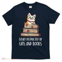 Easily Distracted By Cats And Books Cat & Book Lover T-Shirt thumb 0