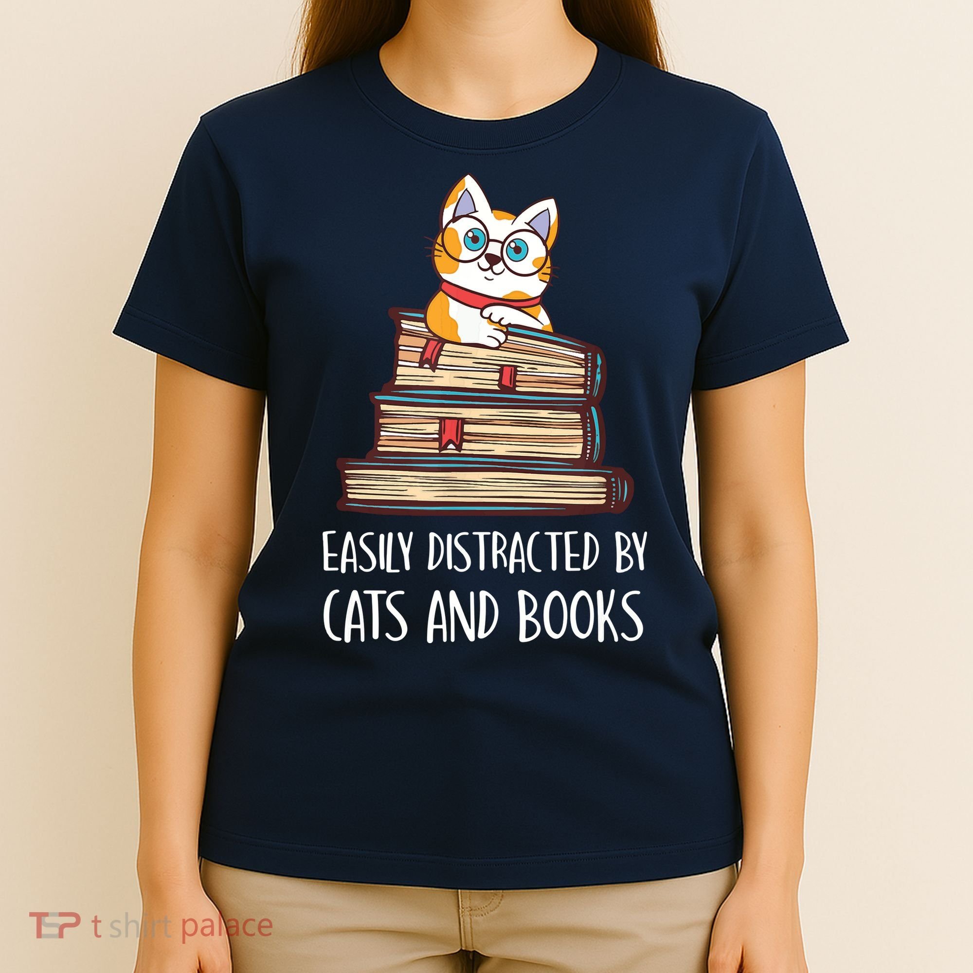 Easily Distracted By Cats And Books Cat & Book Lover T-Shirt