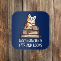 Easily Distracted By Cats And Books Cat & Book Lover Coaster thumb 0
