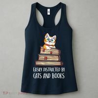 Easily Distracted By Cats And Books Cat & Book Lover Women's Tank Top thumb 3