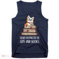 Easily Distracted By Cats And Books Cat & Book Lover Tank Top thumb 0