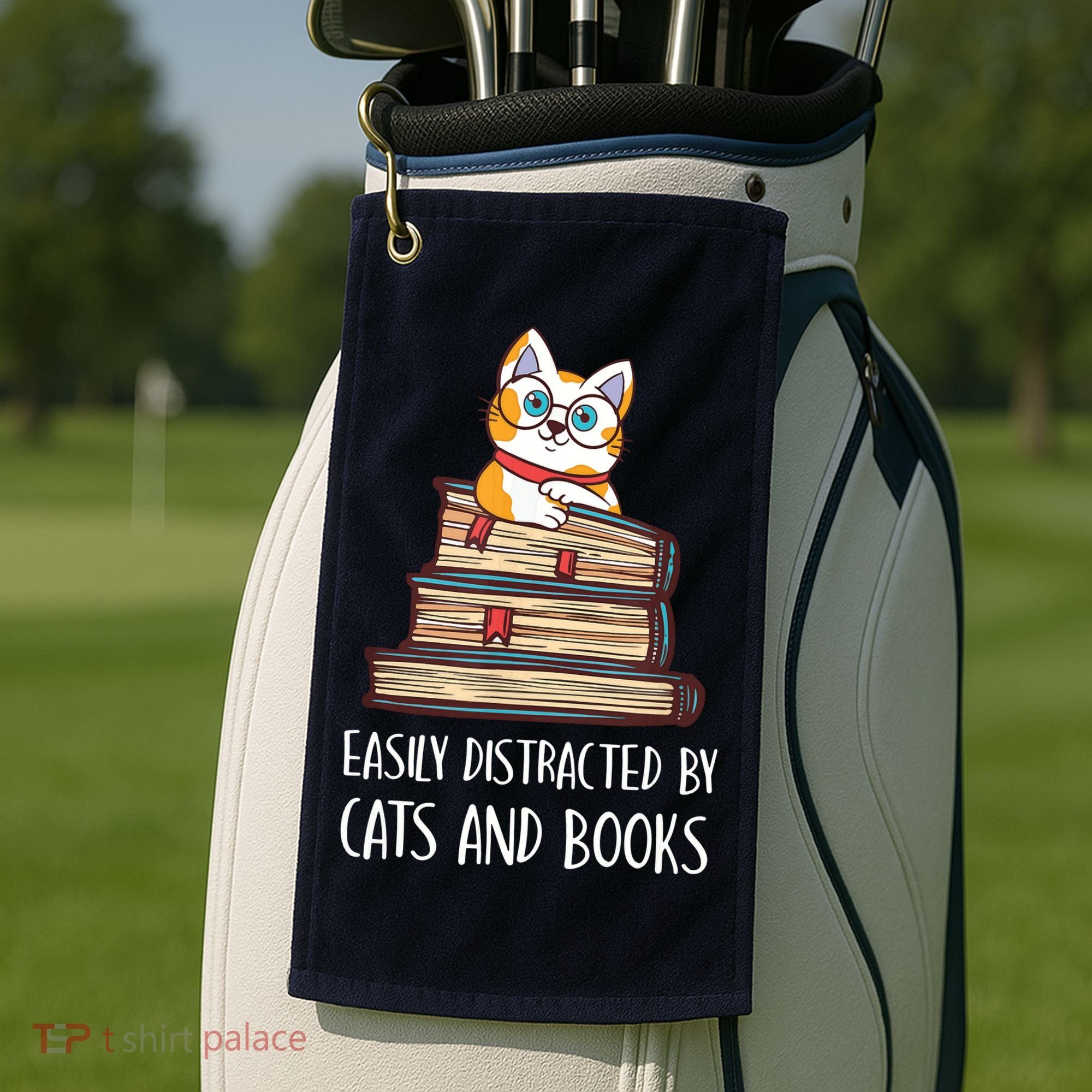 Easily Distracted By Cats And Books Cat & Book Lover Golf Towel