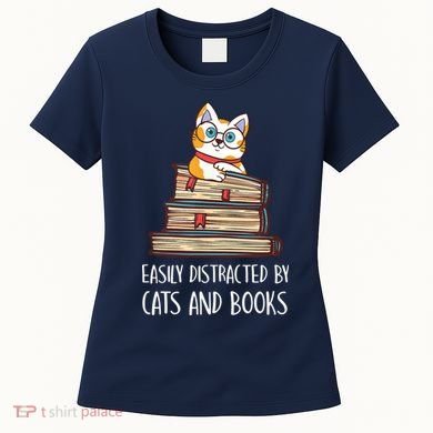 Easily Distracted By Cats And Books Cat & Book Lover Women's T-Shirt